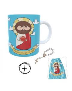 Caneca + kit terço Sagrado Coração de Jesus