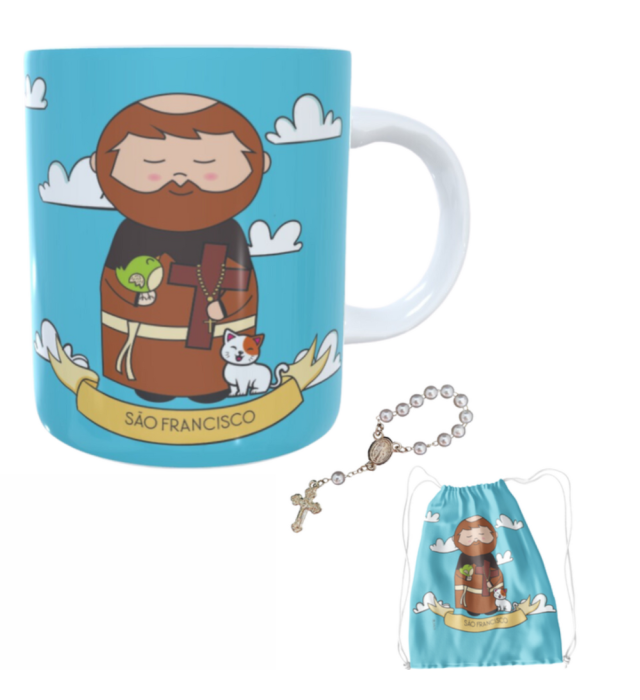 Caneca + kit terço São Francisco