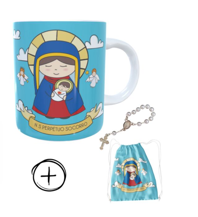 Caneca + kit terço N.S. Perpétuo Socorro