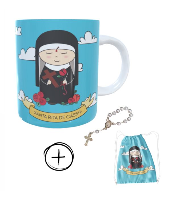 Caneca + kit terço Santa Rita