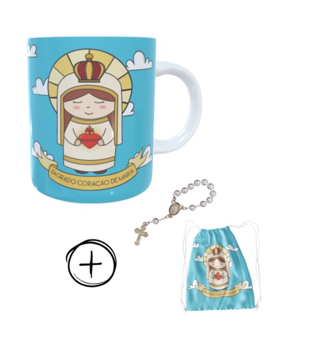 Caneca + kit terço Sagrado Coração de Maria