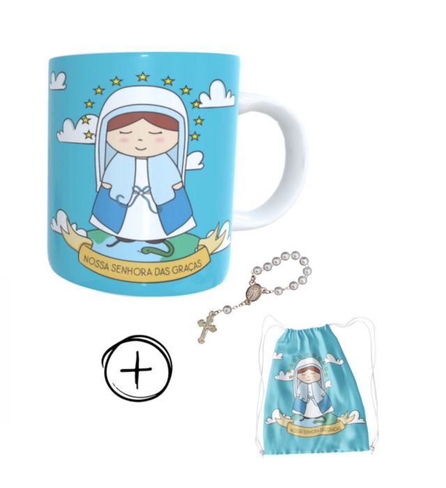 Caneca + kit terço N.S. das Graças