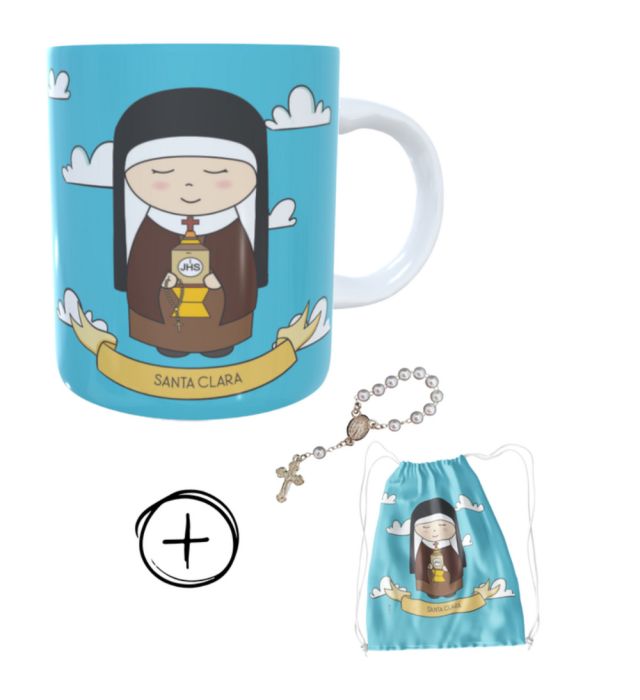 Caneca + kit terço Santa Clara