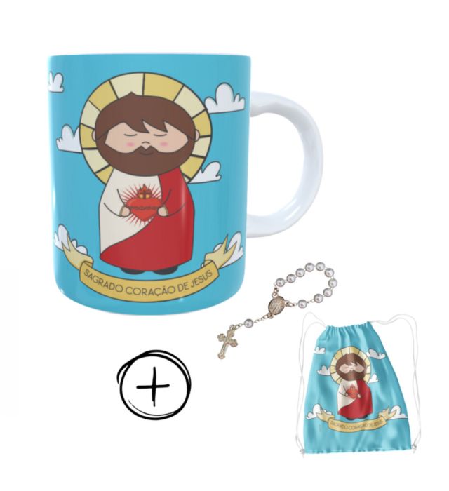 Caneca + kit terço Sagrado Coração de Jesus