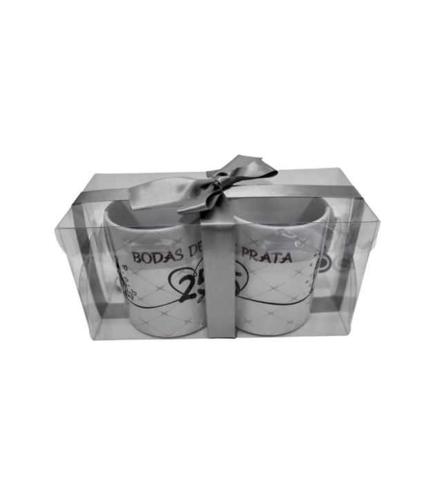 DUPLA CANECAS BODAS DE PRATA + CHAVEIROS